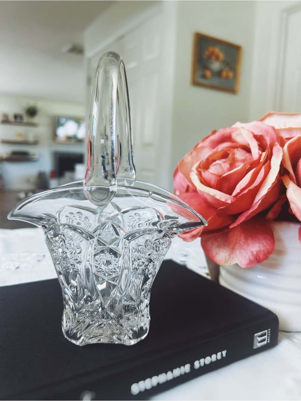 Vintage Pressed Glass Basket With Handel/ Clear Crystal Style Candy Dish